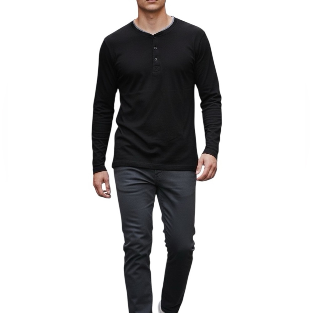 William Rast Classic Black Long Sleeve Button Crewneck Shirt, Stretchy, Size M